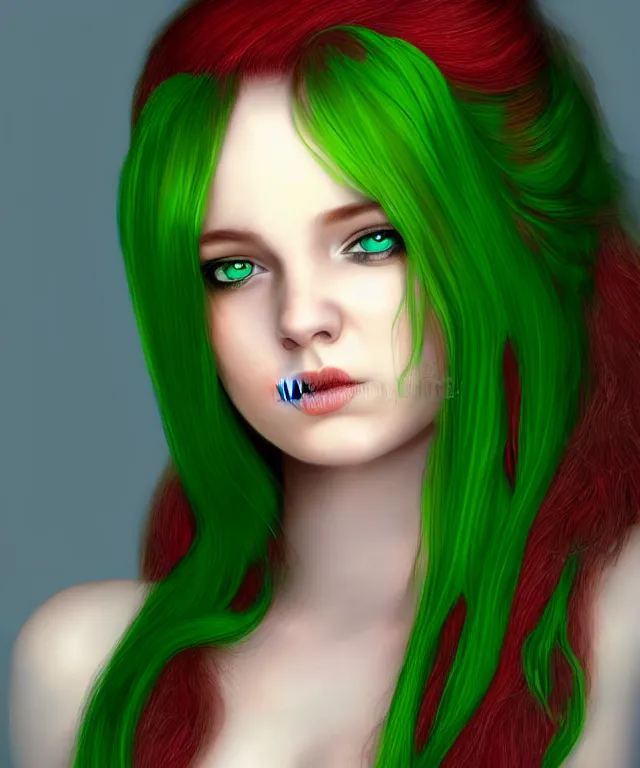 Image similar to Beautiful young woman, Fae, Fantasy, highly detailed, portrait, long red hair, green highlights