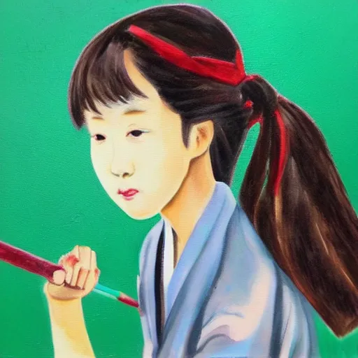 Image similar to a painting of Japanese schoolgirl, clothed, mixed media