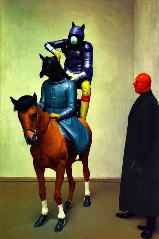 Image similar to a man dressed a horse riding, horse dressed astronaut, hauntingly surreal, highly detailed painting by francis bacon, edward hopper, adrian ghenie, gerhard richter, and james jean soft light 4 k,