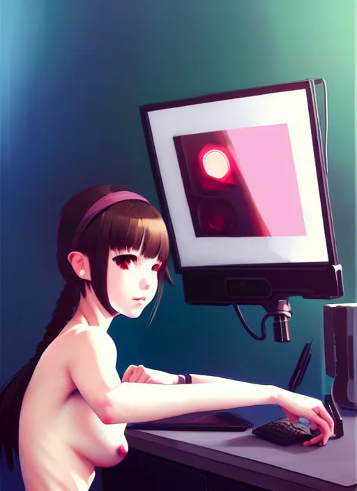 Image similar to a film still polaroid portrait of a young gamersgirl at her computer, detailed features, perfect art, busy room, hd, gapmoe yandere, trending on pixiv, focussed painted art, by wlop, ilya kuvshinov, artgerm, krenz cushart, pixiv