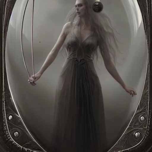 Prompt: By Tom Bagshaw, ultra realist soft painting render of a floating transparent glass sphere, beautiful horned single porcelain female in long curvy gothic dress, reflection and refraction, symmetry accurate features, very intricate details, deep fog, dark fantasy background, artstation