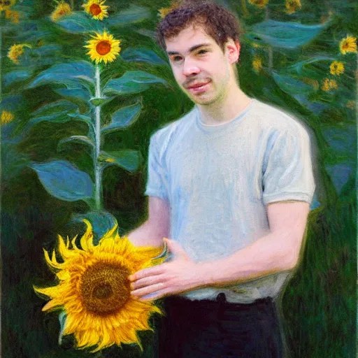 Prompt: Rex Orange County holding a sunflower by Claude Monet