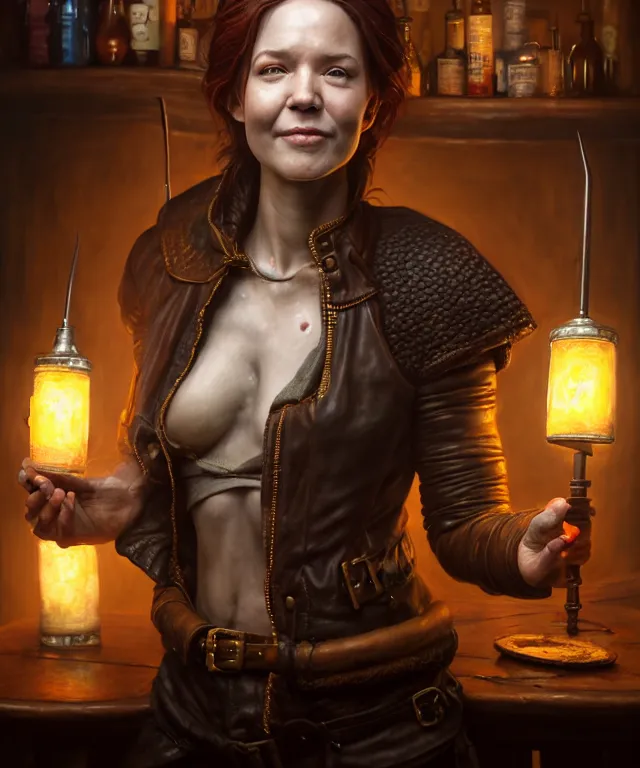 Image similar to hyperrealistic mixed media painting of a beautiful grinning female rogue, dimly lit cozy tavern, leather tunic, confident relaxed pose, d&d, stunning 3d render inspired art by Tim Okamura and Lise Deharme + perfect facial symmetry + dim volumetric lighting, 8k octane beautifully detailed render, post-processing, extremely hyperdetailed, intricate, epic composition, grim yet sparkling atmosphere, cinematic lighting + masterpiece, trending on artstation, very very detailed, masterpiece, stunning