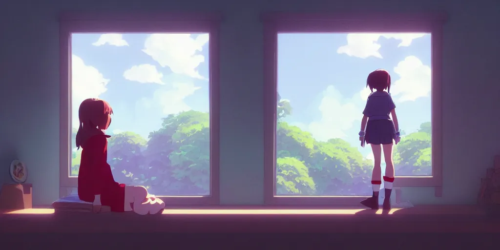 Prompt: a wholesome animation key shot of a focused lo-fi girl looking out the window, medium shot, waist up, studio Ghibli, Pixar and Disney animation, sharp, Rendered in Unreal Engine 5, anime key art by Greg Rutkowski, Bloom, dramatic lighting