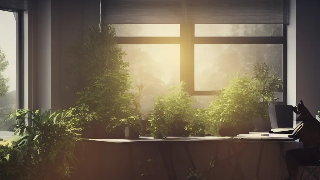 Image similar to peaceful dreamy painting of a sitting at a desk with a black cat, sunshine coming through the window, small plants on the window sill, 8k, hyper realism, trending on artstation, octane render, dynamic lighting