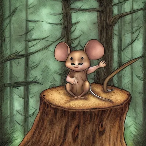 Prompt: Mouse Guard sits on a stump, deep forest, mouse in clothes, by rivuletpaper, rivuletpaper art, Mouse Guard by David Petersen, mouse photo, small details, realistic illustration,