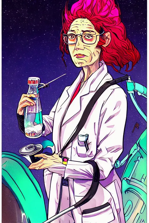 Image similar to zoom out portrait of mad lady scientist, stylized illustration by moebius concept art, anime, colorful comics style,