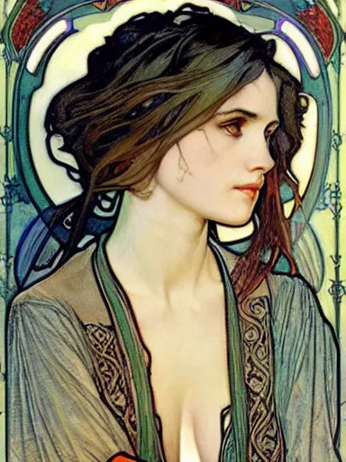 Prompt: a beautiful painting of young winona ryder by Alphonse Mucha and by Mark Brooks and by john william waterhouse and by arthur rackham, Art Nouveau, Neo-Gothic, gothic, award winning painting, hyperdetailed, detailed