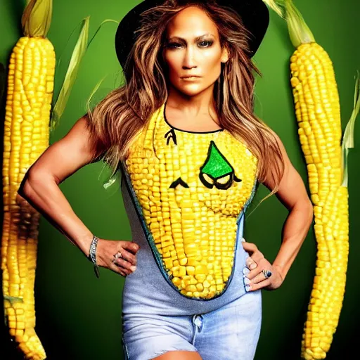 Image similar to full body photo of jennifer lopez, she is wearing a funny kid's hallowen costume of corn on a cob, studio lighting