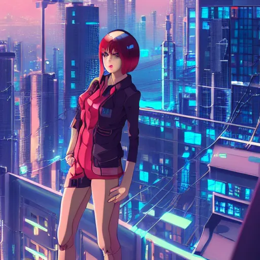 Image similar to a girl stands on top of a multi-storey building, anime style, 4k, cyberpunk city in the background, very detailed, by Ilya Kuvshinov