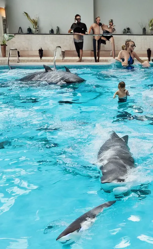 Prompt: a family swimming pool at a spa, in the water is a shark trying to attack the people