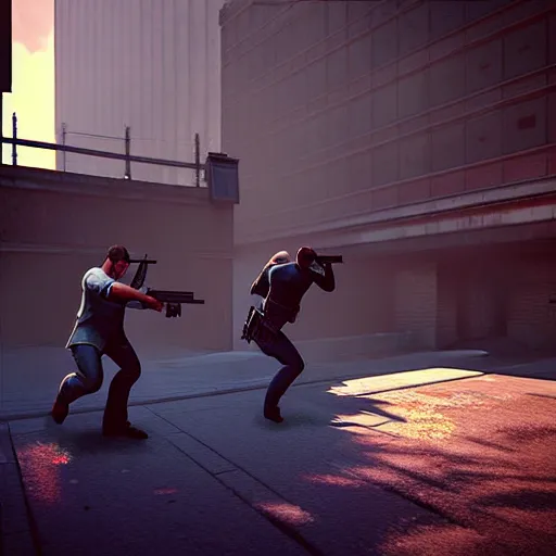 Prompt: “ two men in a shootout with a man dodging bullets, action, in the style of greg rutkowski, photorealistic, unreal engine ”