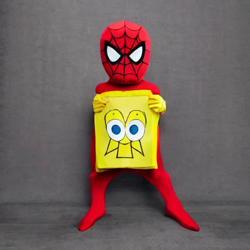 Prompt: spiderman wearing spongebob costume, straight photo, centered