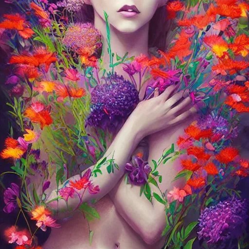 Prompt: a bouquet of ethereal big colorful transparent entangled flowers, wild foliage, vivid, detailed painting, beautiful colors, by Ross Tran, WLOP, artgerm and James Jean, masterpiece, award winning painting