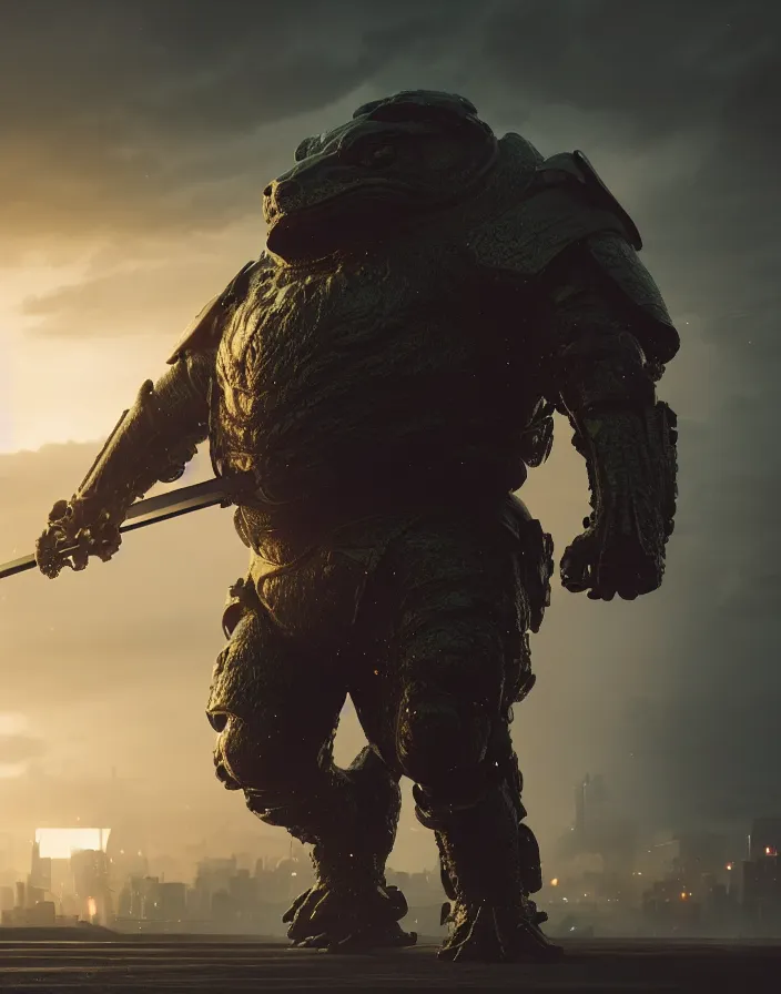 Image similar to a photo of a huge wide toad in a futuristic armor with glowing katana sword, cyberpunk, hyper realistic, hyper detailed, volumetric lightning, grainy film, octane render, 8k, raytracing