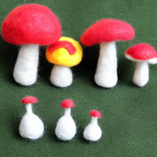 Image similar to a needle felted super mushroom power up, needle felting art.