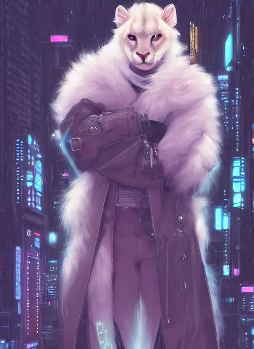 Image similar to award winning beautiful portrait commission of a male furry anthro albino mountain lion fursona with a tail and a cute beautiful attractive detailed furry face wearing stylish cyberpunk clothes in a cyberpunk city at night while it rains. Blue and pink. Character design by charlie bowater, ross tran, artgerm, and makoto shinkai, detailed, inked, western comic book art