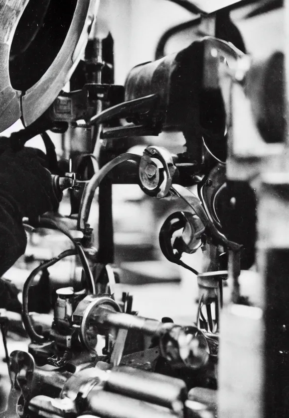 Image similar to a close - up portrait of marcel duchamp working on a machine, 1 9 2 0 s monochrome snapshot, graflex 4 x 5, f 1. 8, 3 5 mm, ilford delta 3 2 0 0 pro