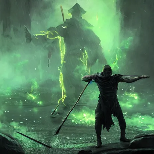 Prompt: a man with a missing an arm holding a spear made of green fire wearing a leather cloak fighting a bad guy made of black smoke, dramatic lighting, cinematic, establishing shot, extremely high detail, photo realistic, cinematic lighting, post processed, concept art, artstation, matte painting, style by eddie mendoza, raphael lacoste, alex ross