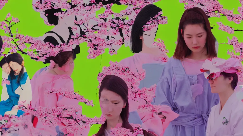 Image similar to close - up of a young pretty woman in a small group of people, a flower viewing picnic sakura, japan, a collage painting, in the style of wes anderson, lola dupre, david hockney, isolated on negative white space background dark monochrome neon fluorescent spraypaint accents volumetric octane render