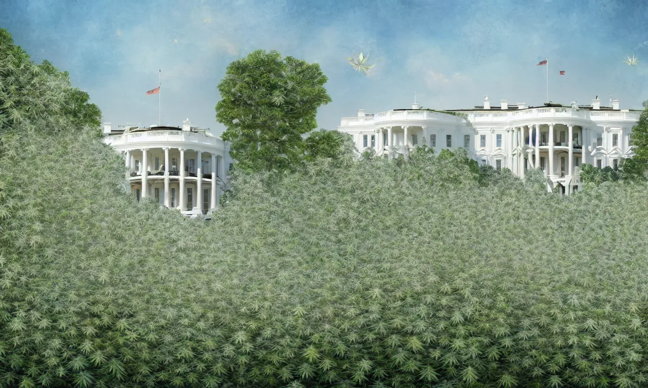 Image similar to a architectural portrait of the white house surrounded in wild blooming cannabis on a beautiful summer day, cg art, fine art, highly detailed, digital painting, cgi, volumetric lighting, sunny atmosphere