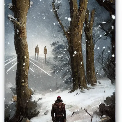 Prompt: a man holding a gun in snow in a couple of trees surrounding the man head view by greg rutkowski