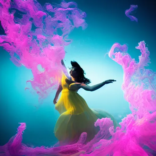 Image similar to woman dancing underwater wearing a flowing dress made of blue, magenta, and yellow seaweed, delicate coral sea bottom, swirling silver fish, swirling smoke shapes, octane render, caustics lighting from above, cinematic, hyperdetailed