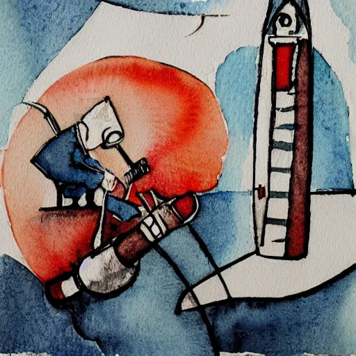 Prompt: doctor performing surgery on a rocket, monochrome watercolor art, abstract