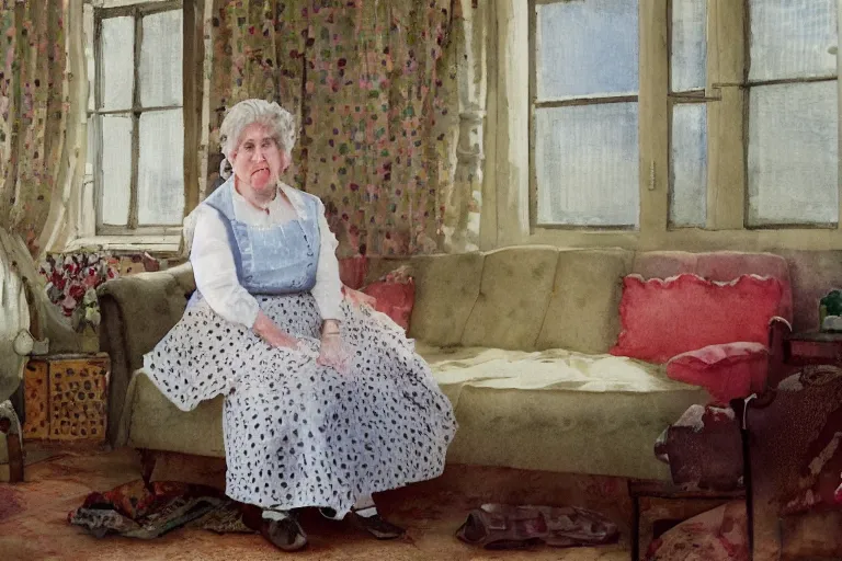 Image similar to charming and chubby old lady, wearing a polka dot cloths and a victorian - style hairdo, lye on the fancy sofa, in the large and bright studio. sunlight enters through the barred window. delicate watercolor and pencil on canvas. beautiful lighting, 4 k post - processing, highly detailed, 5 k extremely detailed, 3 d. cinematic scene.