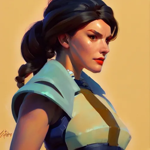 Image similar to greg manchess portrait painting of abigale shapiro as overwatch character, medium shot, asymmetrical, profile picture, organic painting, sunny day, matte painting, bold shapes, hard edges, street art, trending on artstation, by huang guangjian and gil elvgren and sachin teng