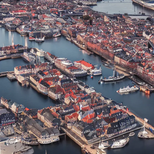 Image similar to copenhagen denmark with new england colonial buildings on a harbor, pink ice cream mountain in the distance, cinematic, volumetric, realistic, cinematic lighting, ray tracing, unreal engine 5, octane render, hyper realistic, photo, 8 k