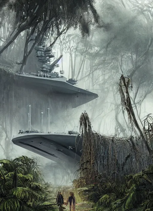 Image similar to a tribal woman from behind in front of the !aircraft carrier USS Nimitz overgrown with vegetation on the ground of a tropical forest, post appocalyptic illustration, by Luis Royo, by Greg Rutkowski, dark, gritty, intricate, backlit, strong rim light, cover illustration, concept art, volumetric lighting, volumetric atmosphere, sharp focus, octane render, trending on artstation, 8k