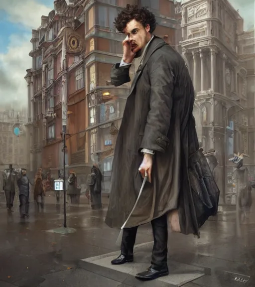 Image similar to techno sherlock holmes standing in a city square, soft colours, detailed, digital art, hd, by tom bagshaw, by fintan magee, by raymond swanland