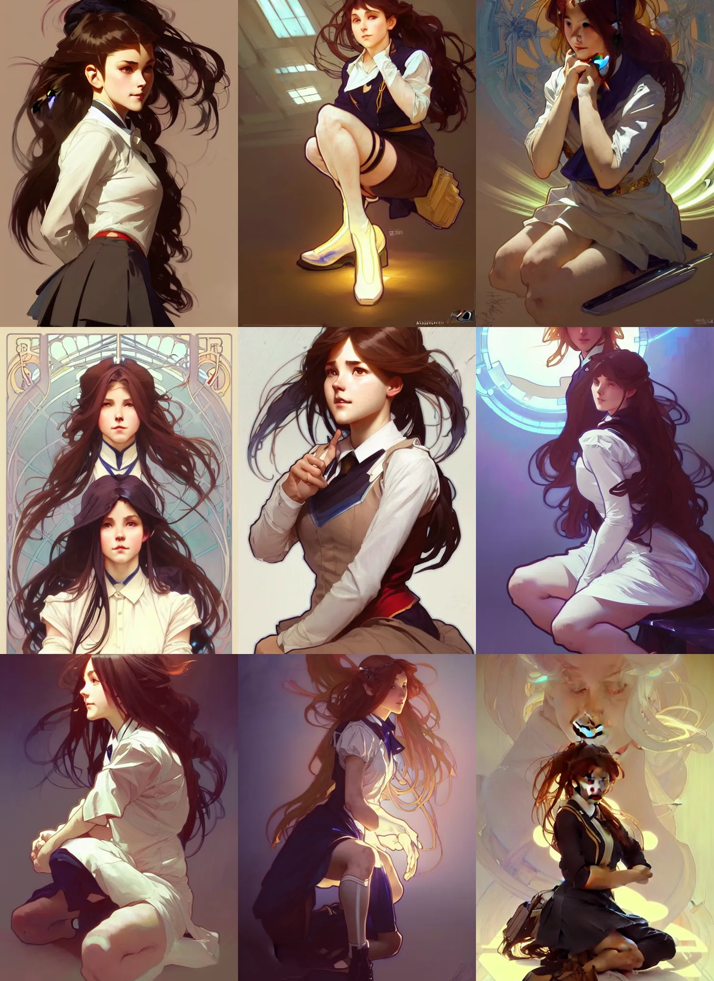 Image similar to a digital concept art by artgerm and greg rutkowski and alphonse mucha. clear portrait of a squatting attractive school girl in uniform!! sit on heels!! light effect. hyper detailed, character concept, glowing lights!! intricate, elegant, digital painting, artstation, smooth, sharp focus