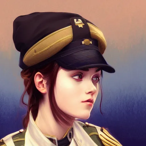Image similar to girl wearing military uniform, hands in her hair. side-view, highly detailed, digital painting, artstation, concept art, smooth, sharp focus, illustration, art by artgerm and alphonse mucha, high definition digital art, in the style of Ross tran and ilya kuvshinov