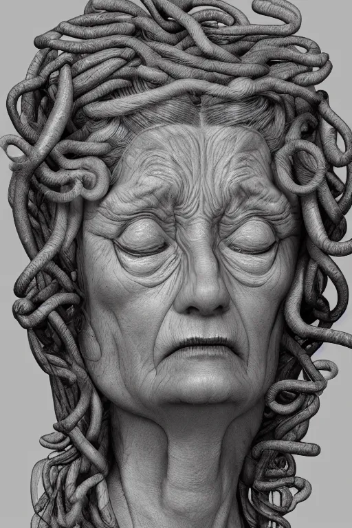 Prompt: portrait of Medusa from Greek mythology, as an old mean woman, with snakes for hair, 3d render, digital art, photo-realistic