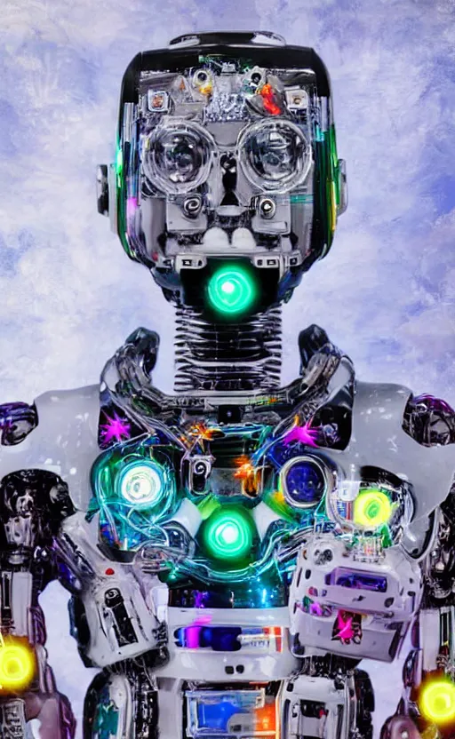 Prompt: a portrait of a hi-tech sci-fi robot with a lot of bright color diodes made of white marble pretending to smoke weed in deep space, photography, color, very detailed, realistic