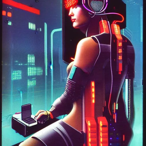 Image similar to cable plugged into cyberdeck, back of head, cyberpunk woman, computer, 1 9 7 9 omni magazine cover, style by vincent di fate, cyberpunk 2 0 2 0