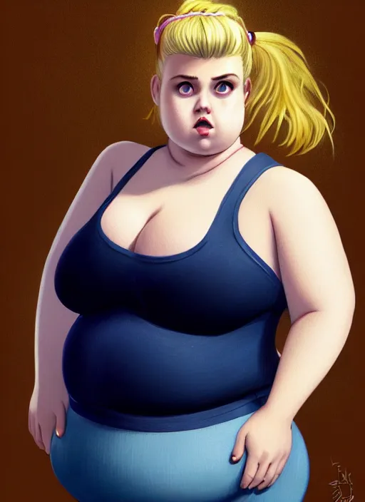 Image similar to full body teenage betty cooper, blonde hair, obese, bangs, ponytail, sultry, realistic, sultry smirk, ponytail, fluffy bangs, curly bangs, fat, belly, beautiful girl, intricate, elegant, highly detailed, digital painting, artstation, concept art, smooth, sharp focus, illustration, art by wlop, mars ravelo and greg rutkowski