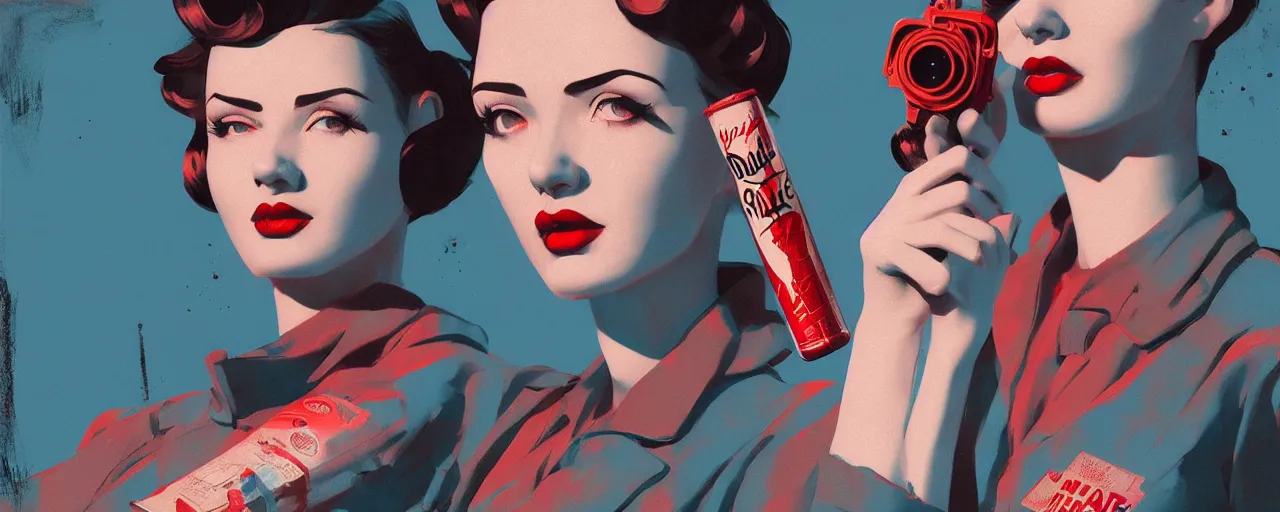 Image similar to duotone noir concept illustration 3 / 4 portrait of female vintage model from fallout 4 advertising nuka cola. accidental renaissance. by sachin teng and sergey kolesov and ruan jia and heng z. graffiti art, scifi, fantasy, hyper detailed. octane render. concept art. trending on artstation