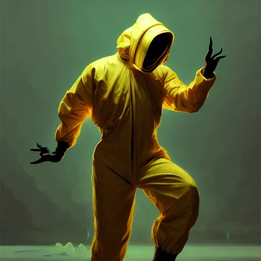 Prompt: character concept portrait of a man in a hazmat suit dancing with a voluminous woman in shirt and overalls, intricate, elegant, digital painting, concept art, smooth, sharp focus, illustration, from metal gear, by ruan jia and mandy jurgens and william - adolphe bouguereau, artgerm