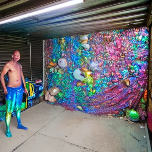 Image similar to a human standing in his garage, covered with iridescent bodypaint, shells and barnacles