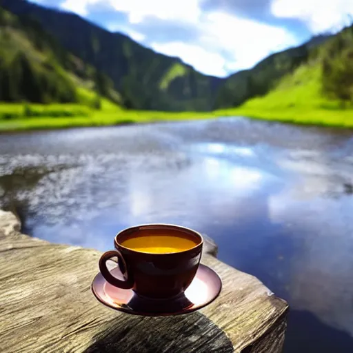 Prompt: landscape, river made of hot tea