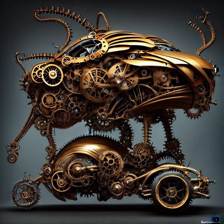 Image similar to biomechanical shiny steampunk vehicle reminiscent of very fast sportscar with robotic parts and (glowing) lights parked in ancient lush palace, gothic and baroque, brutalist architecture, ultradetailed, creepy ambiance, fog, artgerm, giger, Intricate by Ellen Jewett and Josan Gonzalez and Giuseppe Arcimboldo