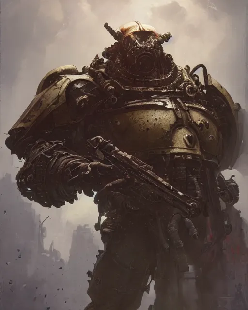 Image similar to hyper realistic portrait of heroic warhammer android head, cinematic, chaos marine, nurgle artstation, cgsociety, full head and shoulders, greg rutkowski, james gurney, mignola, craig mullins, brom