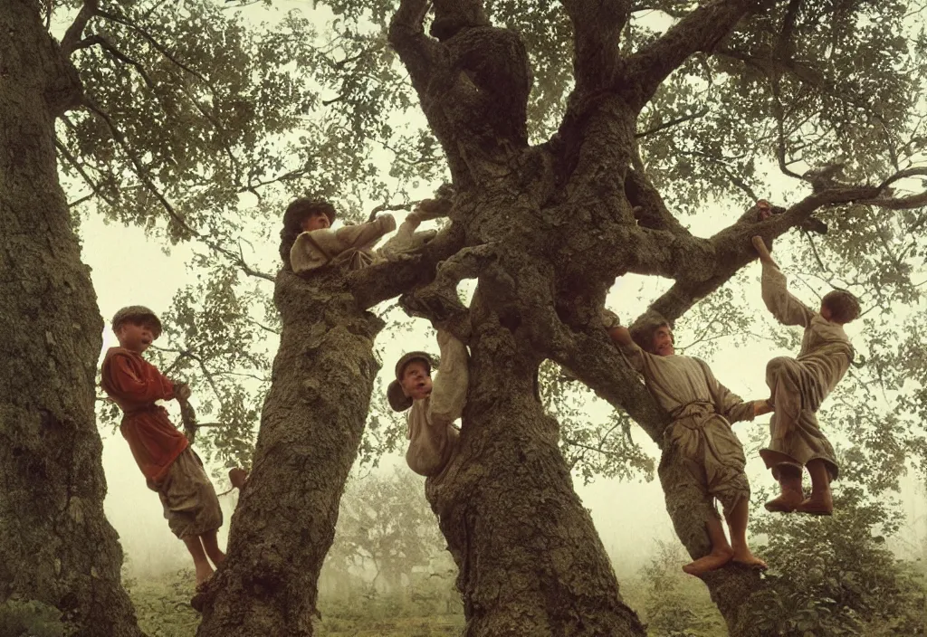 Prompt: two peasant boys climbing a tree, country style, Low angle view, Cottage core, Cinematic focus, Polaroid photo, vintage, neutral colors, soft lights, foggy, by Steve Hanks, by Serov Valentin, by Andrei Tarkovsky, 8k render, detailed, oil on canvas High angle view, wide shot,