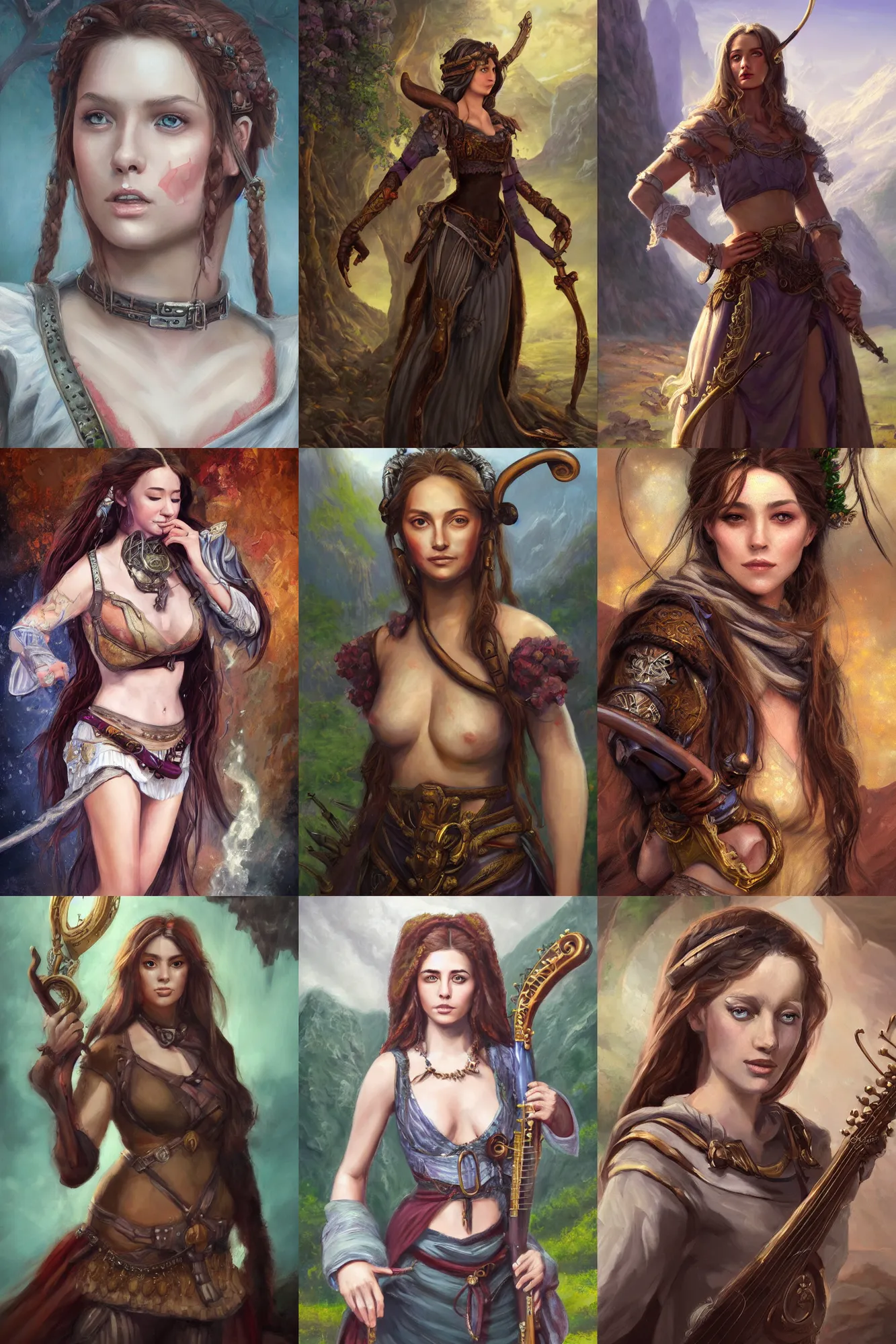 Image similar to a full body high detail fantasy portrait oil painting illustration of a single beautiful female bard by justin sweet with face and body clearly visible, in a scenic background, pretty eyes, realistic proportions, d & d, rpg, forgotten realms, artstation trending, high quality, sombre mood, artstation trending, muted colours, entire person visible!