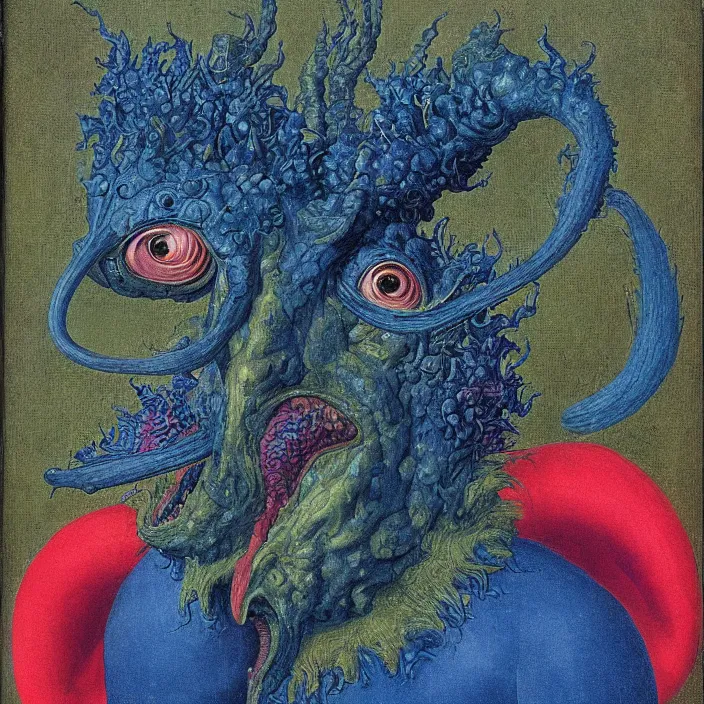 Prompt: close up portrait of a mutant monster creature with face in the shape of a colorful exotic dark blue carnivorous plant, snail - like protruding eyes. by jan van eyck, audubon
