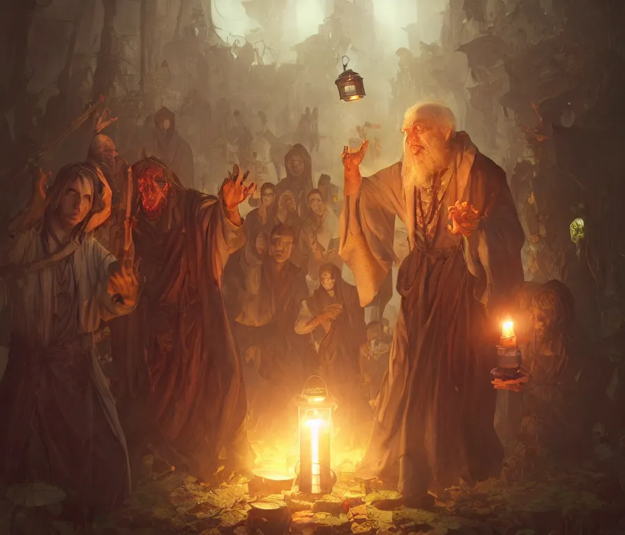 Image similar to male senior cleric holding a lantern surrounded by zombies, highly detailed, digital painting, artstation, concept art, smooth, sharp focus, illustration, art by artgerm and greg rutkowski and alphonse mucha and andrei riabovitchev