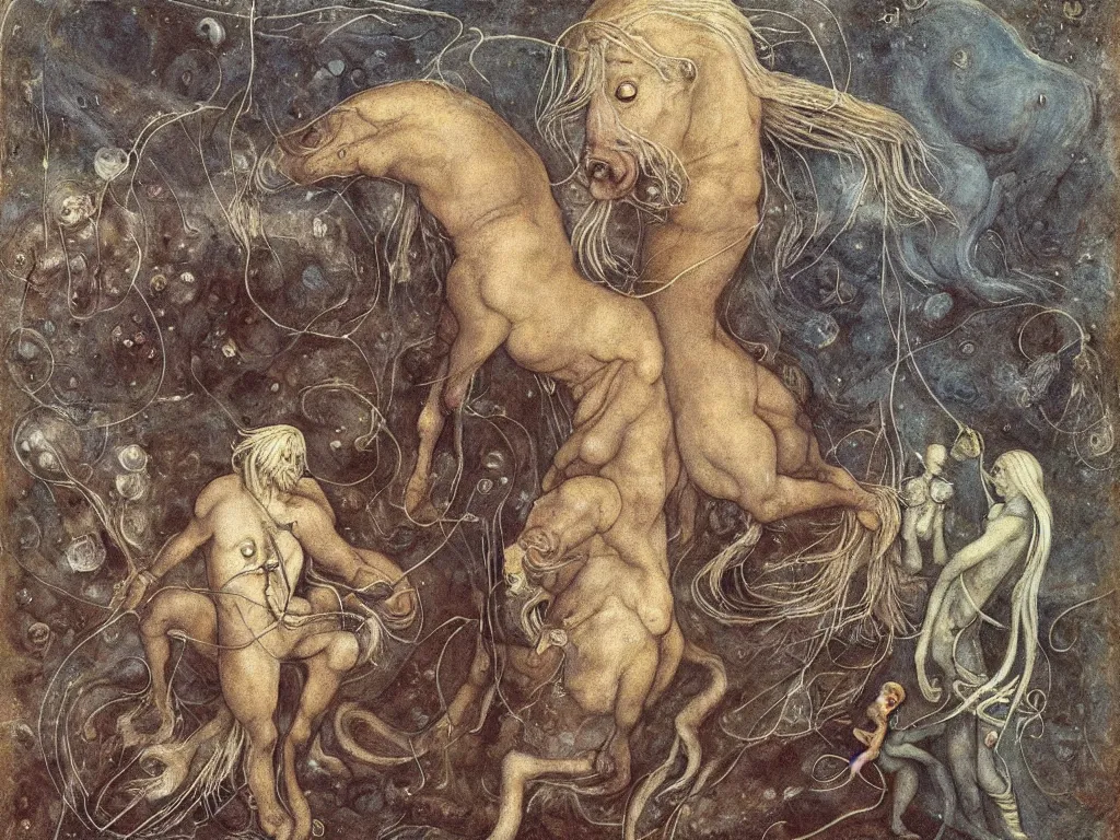 Image similar to Portrait of an albino demigod sculptor of cosmic clouds, Henri Moore, with alien, icy, crystal fungus creatures on a comet a million years ago. The horse dust. Painting by Lucas Cranach, Moebius, Alfred Kubin
